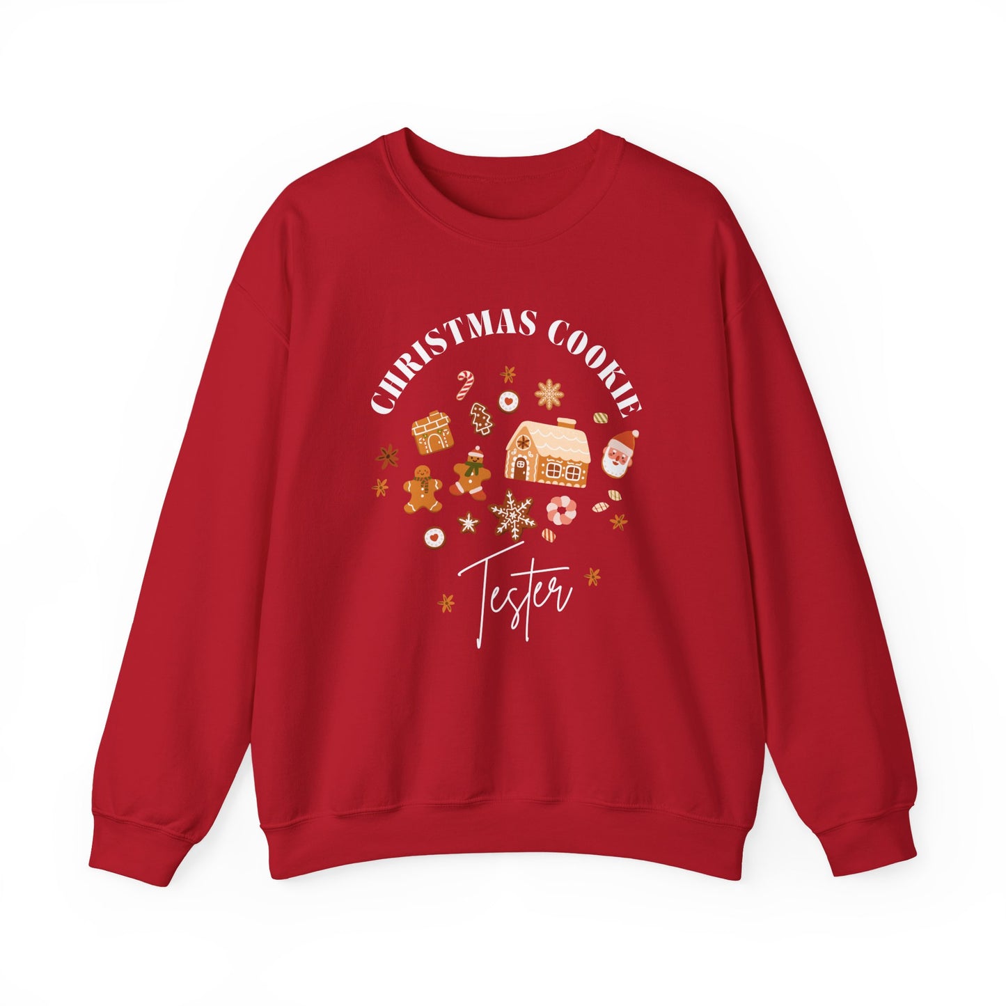 Red sweatshirt with Christmas-themed design on a white background