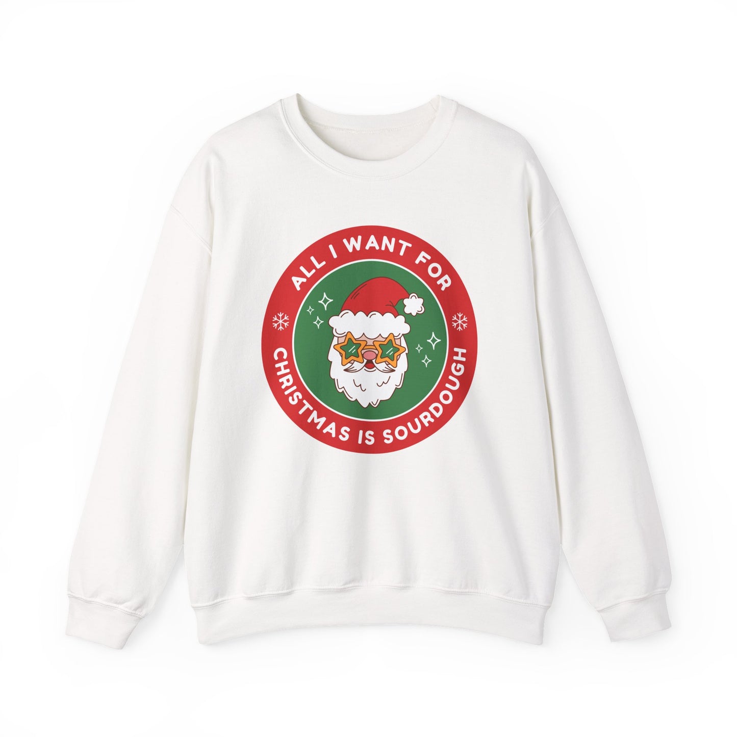 White sweatshirt with a Christmas-themed graphic and text on a white background