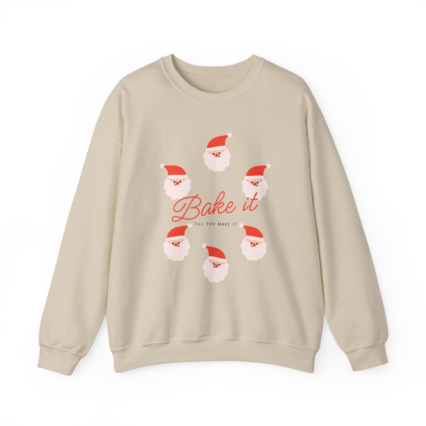 Beige sweatshirt with Christmas-themed design on a white background