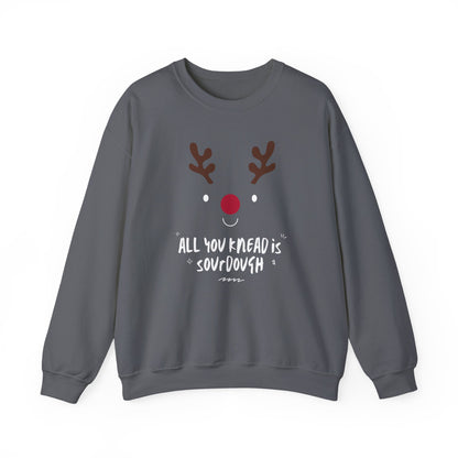 Gray sweatshirt with reindeer face design and text on a white background