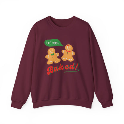Maroon sweatshirt with gingerbread design and text 'Let's get Baked!' on a white background