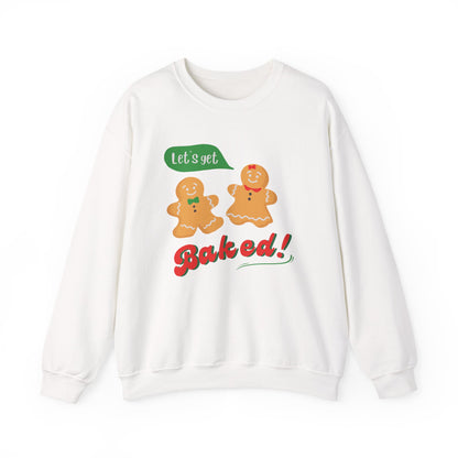 White sweatshirt with gingerbread men and text 'Let's get Baked!' on a white background