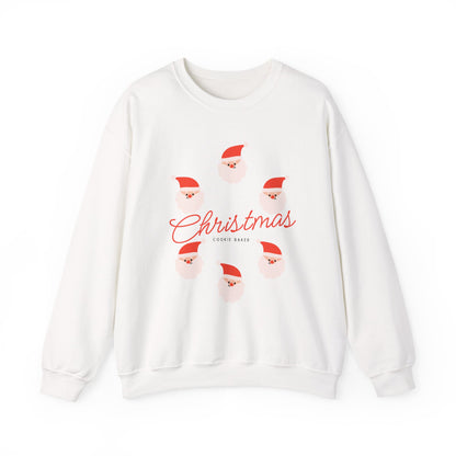 White sweatshirt with Christmas-themed design featuring Santa Claus on a white background