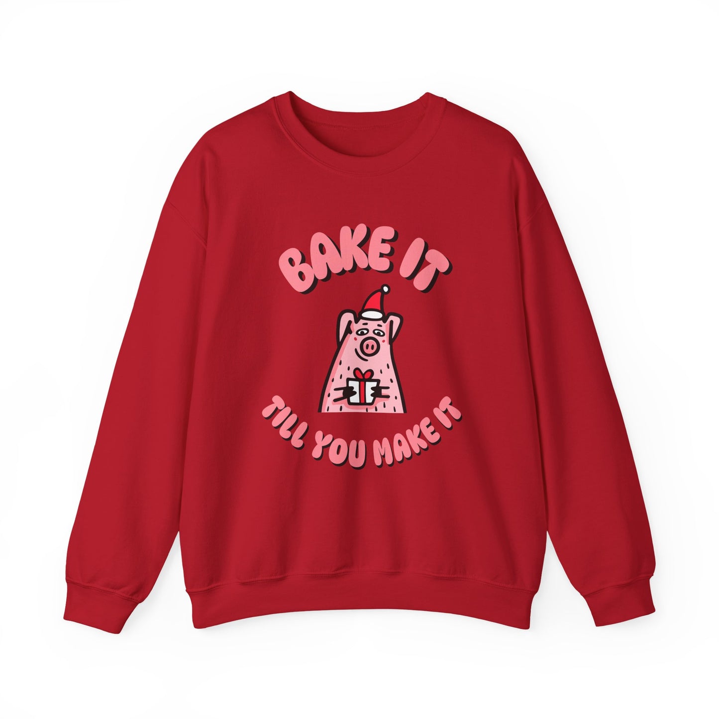 Red sweatshirt with a cartoon pig and text on a white background