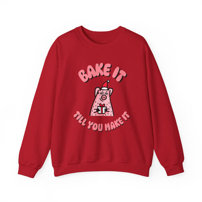 Red sweatshirt with a cartoon pig and text on a white background