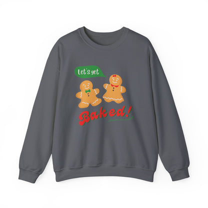 Gray sweatshirt with gingerbread men and 'Let's get Baked!' text on a white background