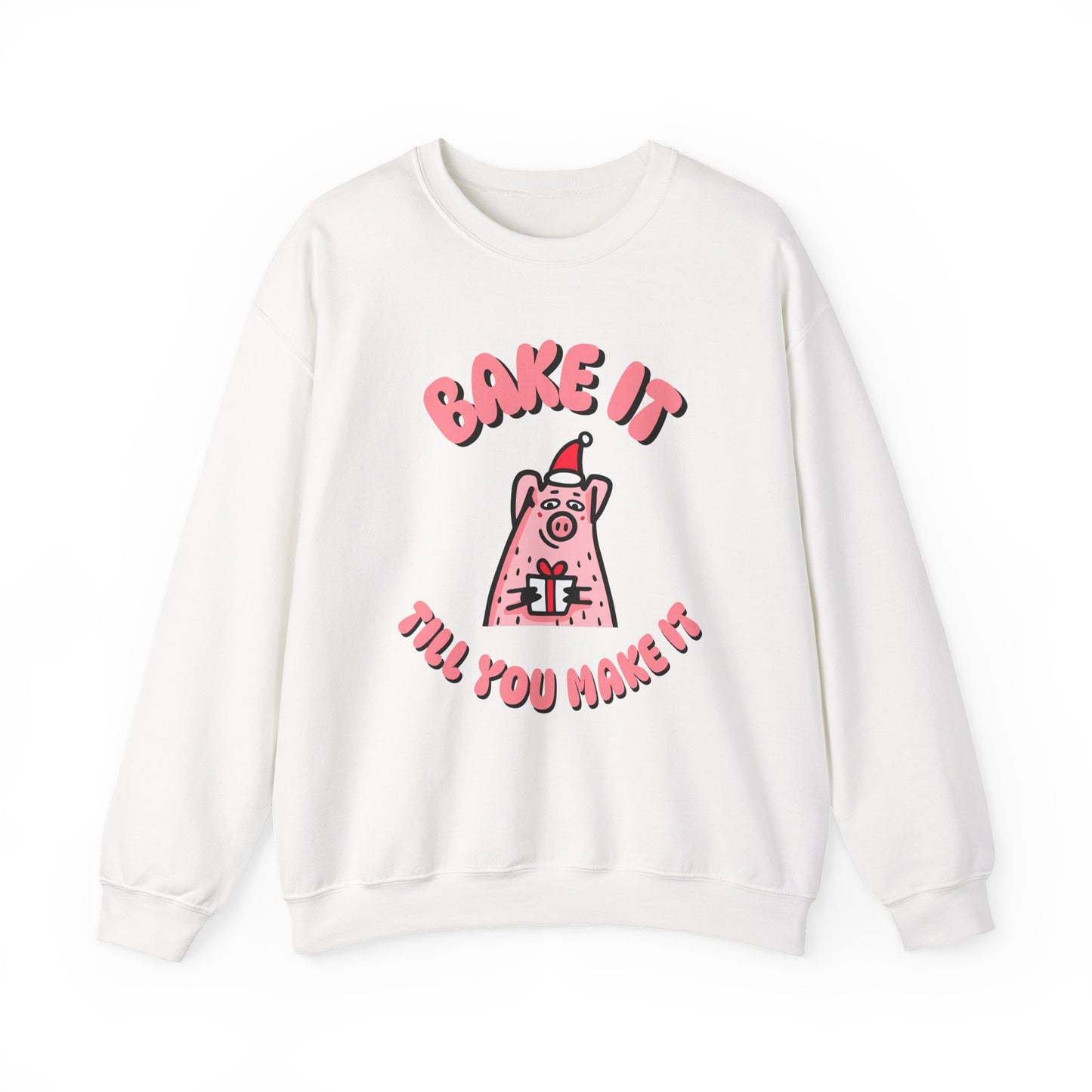 White sweatshirt with pink pig graphic and text on a white background