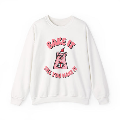 White sweatshirt with pink pig graphic and text on a white background