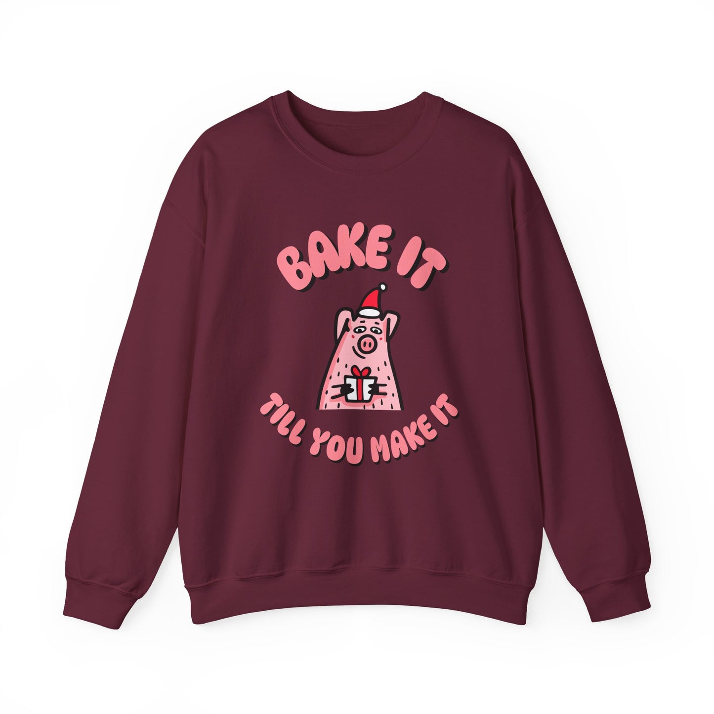Maroon sweatshirt with pink graphic and text on a white background