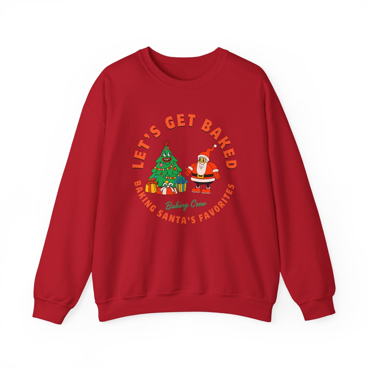 Red sweatshirt with Christmas-themed graphic and text on a white background