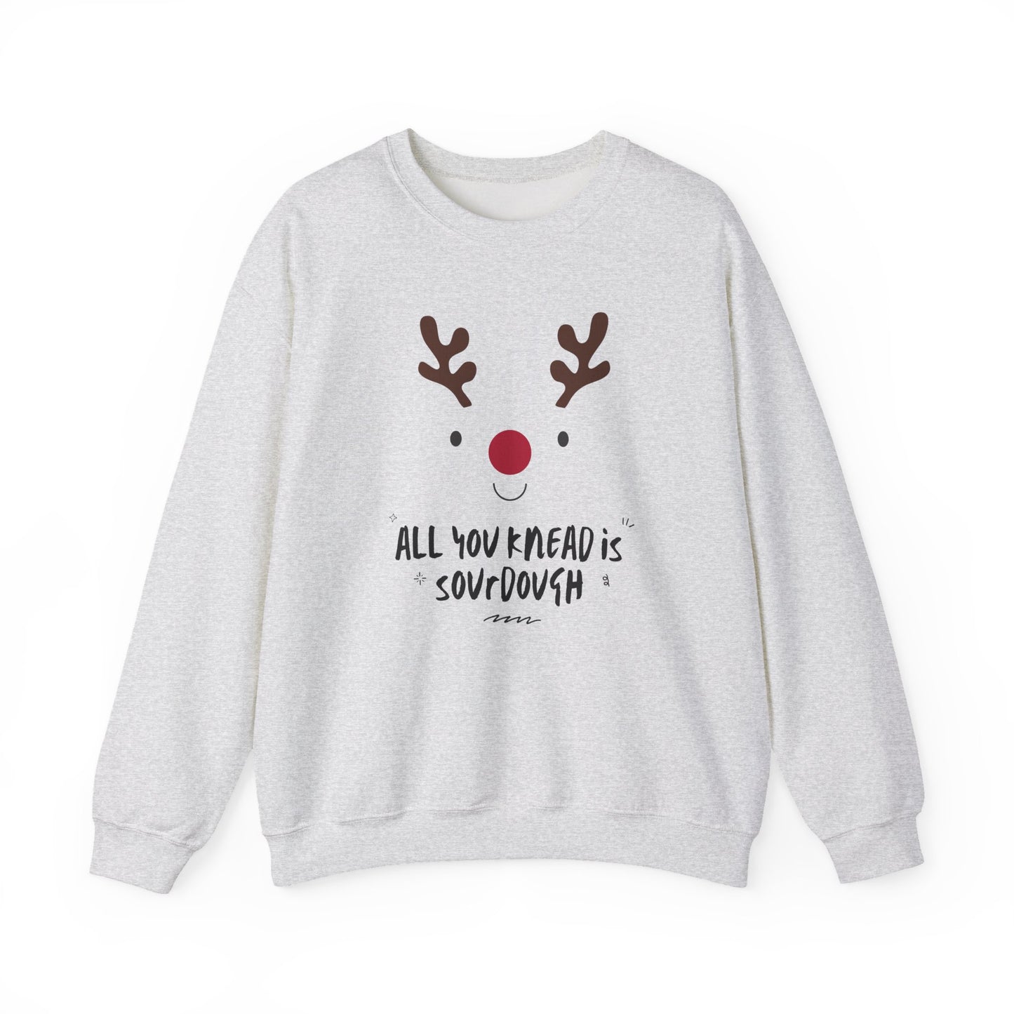 Gray sweatshirt with a reindeer face and text on a white background
