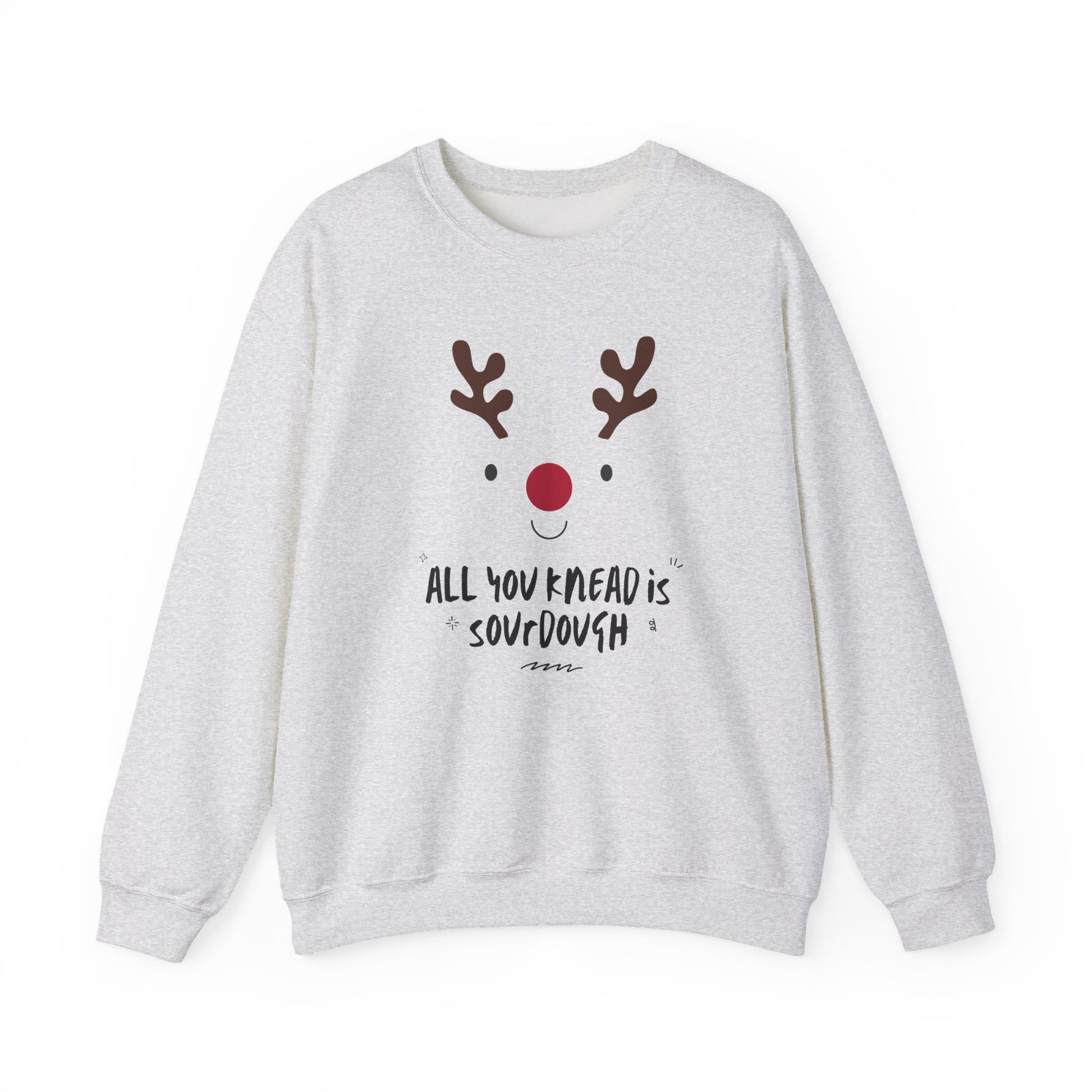 Gray sweatshirt with a reindeer face and text on a white background
