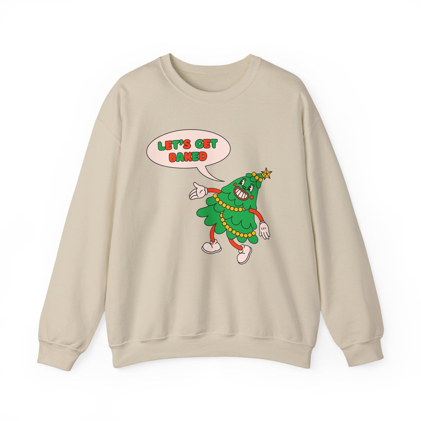 Beige sweatshirt with a cartoon Christmas tree design and text on a white background