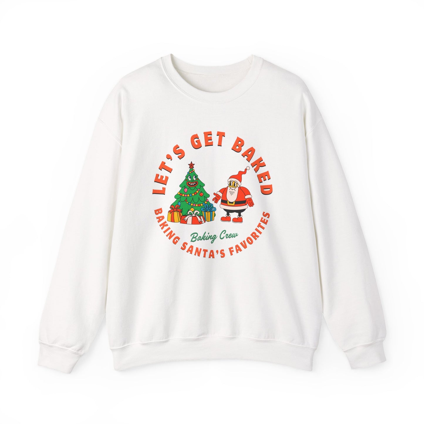 White sweatshirt with Christmas-themed graphic and text on a white background