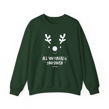 Green sweatshirt with reindeer face design and text on a white background