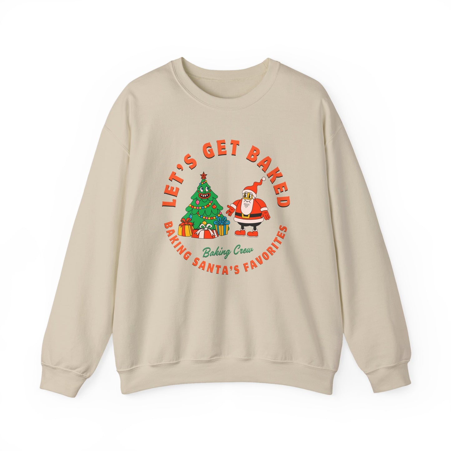 Beige sweatshirt with Christmas-themed graphic and text on a white background