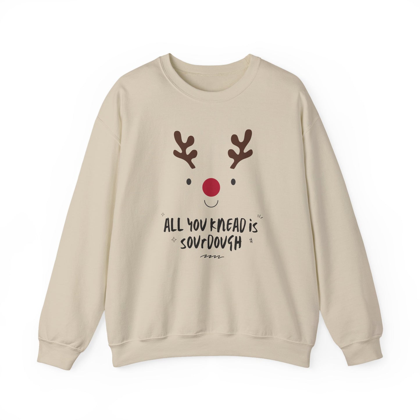 Beige sweatshirt with a reindeer face and text on a white background