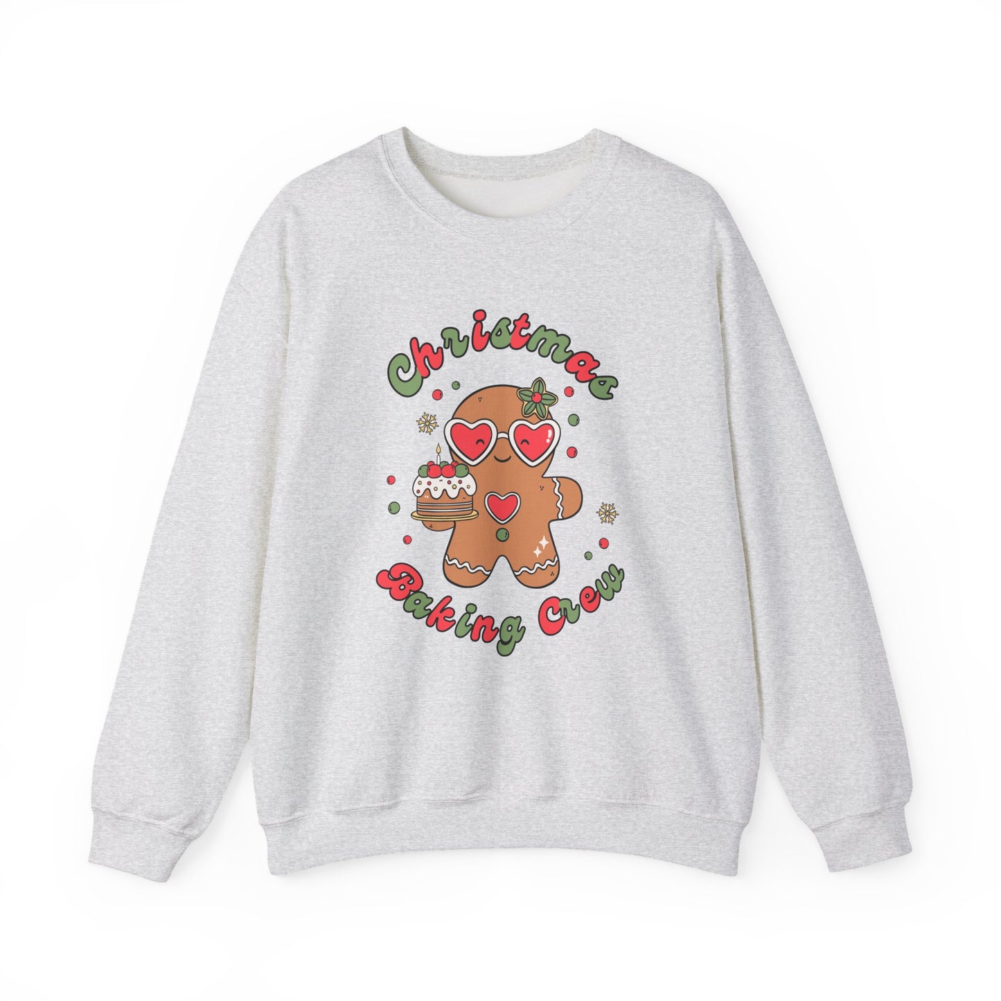 Gray sweatshirt with a gingerbread man graphic and 'Christmas Baking Crew' text on a white background
