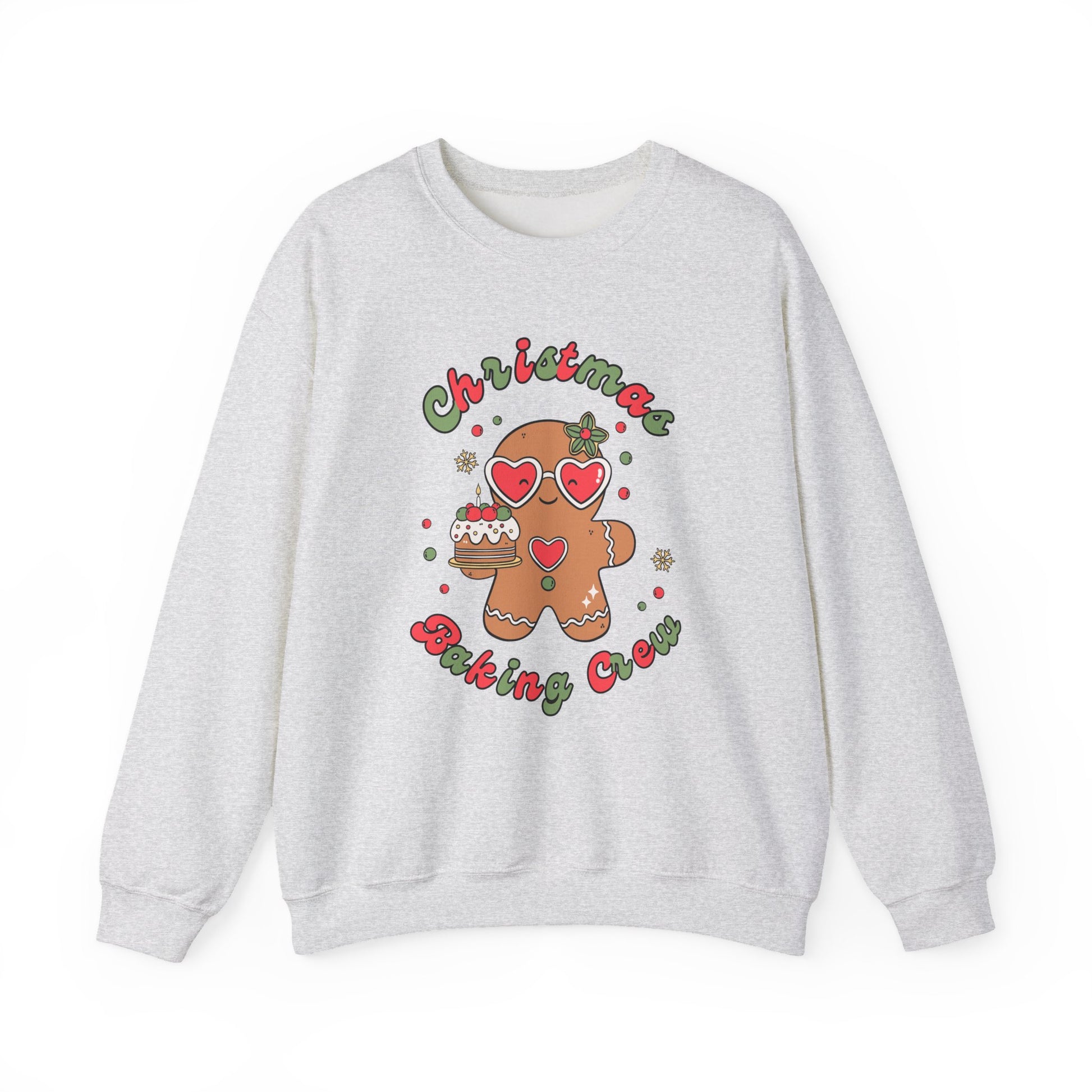 Gray sweatshirt with a gingerbread man graphic and 'Christmas Baking Crew' text on a white background