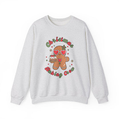 Gray sweatshirt with a gingerbread man graphic and 'Christmas Baking Crew' text on a white background