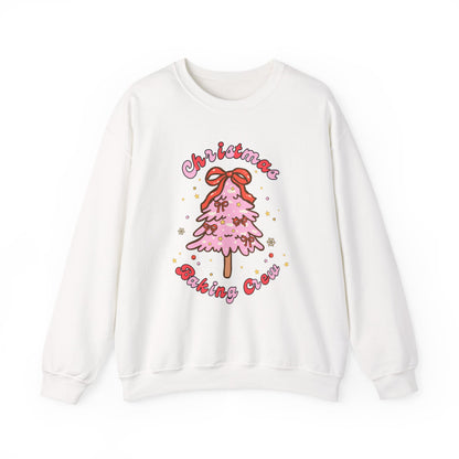 White sweatshirt with a Christmas tree design featuring a pink tree and red bow on a white background