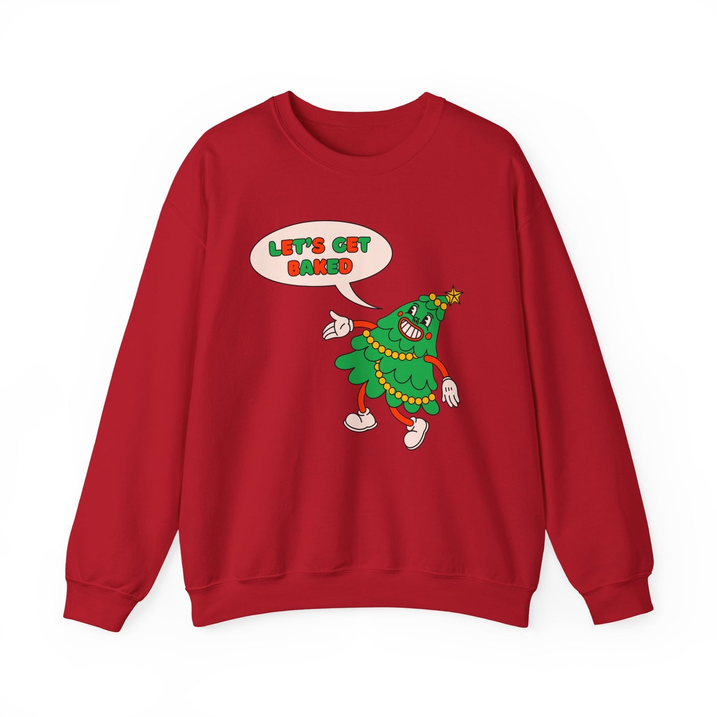 Red sweatshirt with a cartoon christmas tree and 'Let's Get Soked' text on a white background
