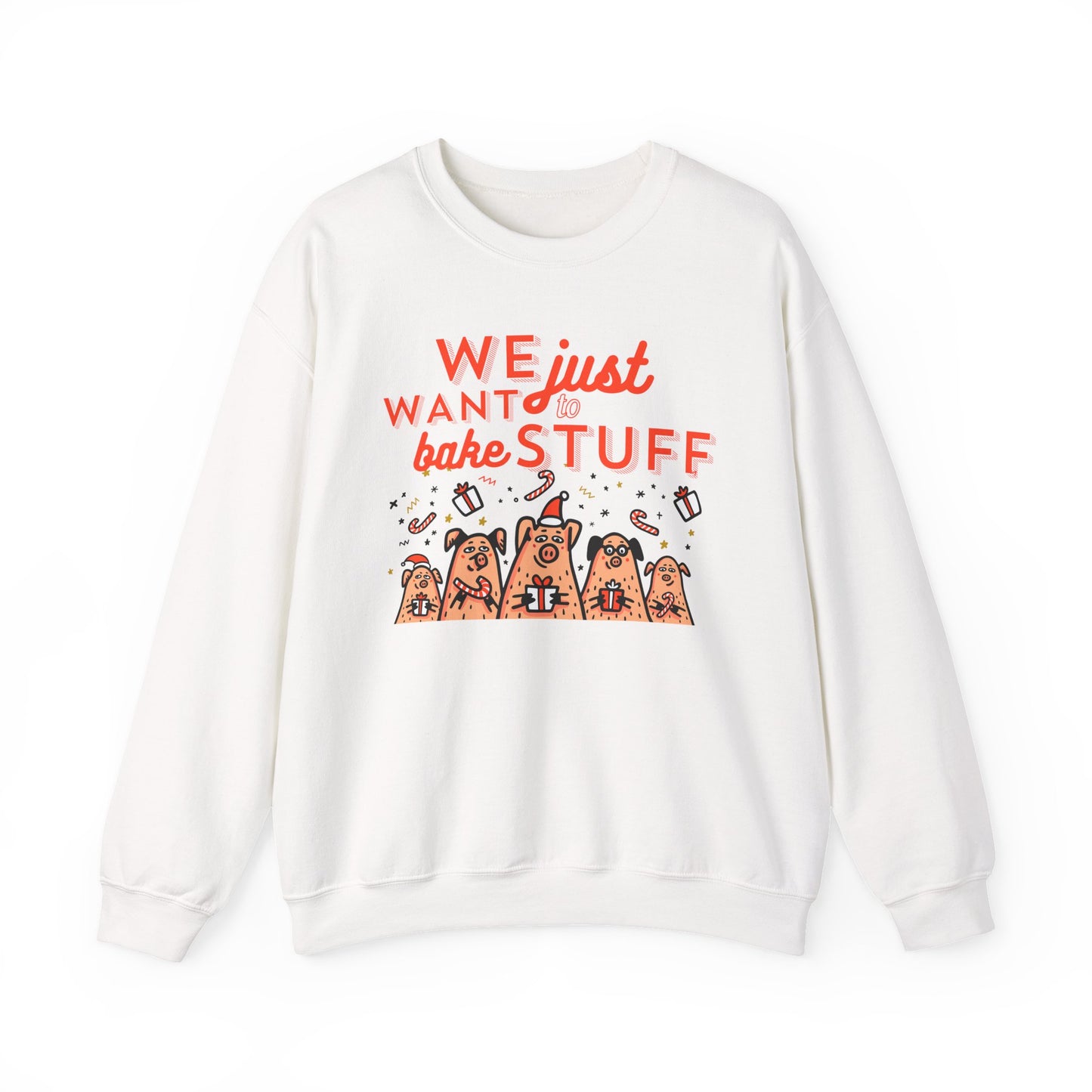 White sweatshirt with red text and bear graphics on a white background