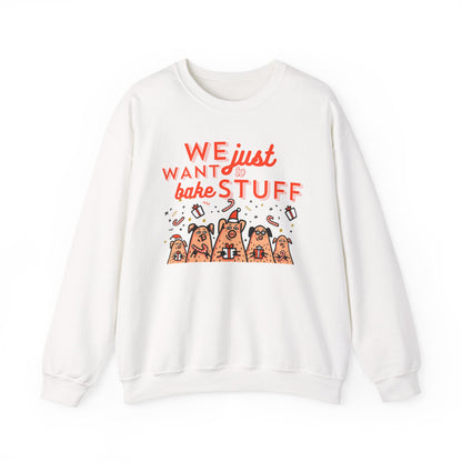 White sweatshirt with red text and bear graphics on a white background