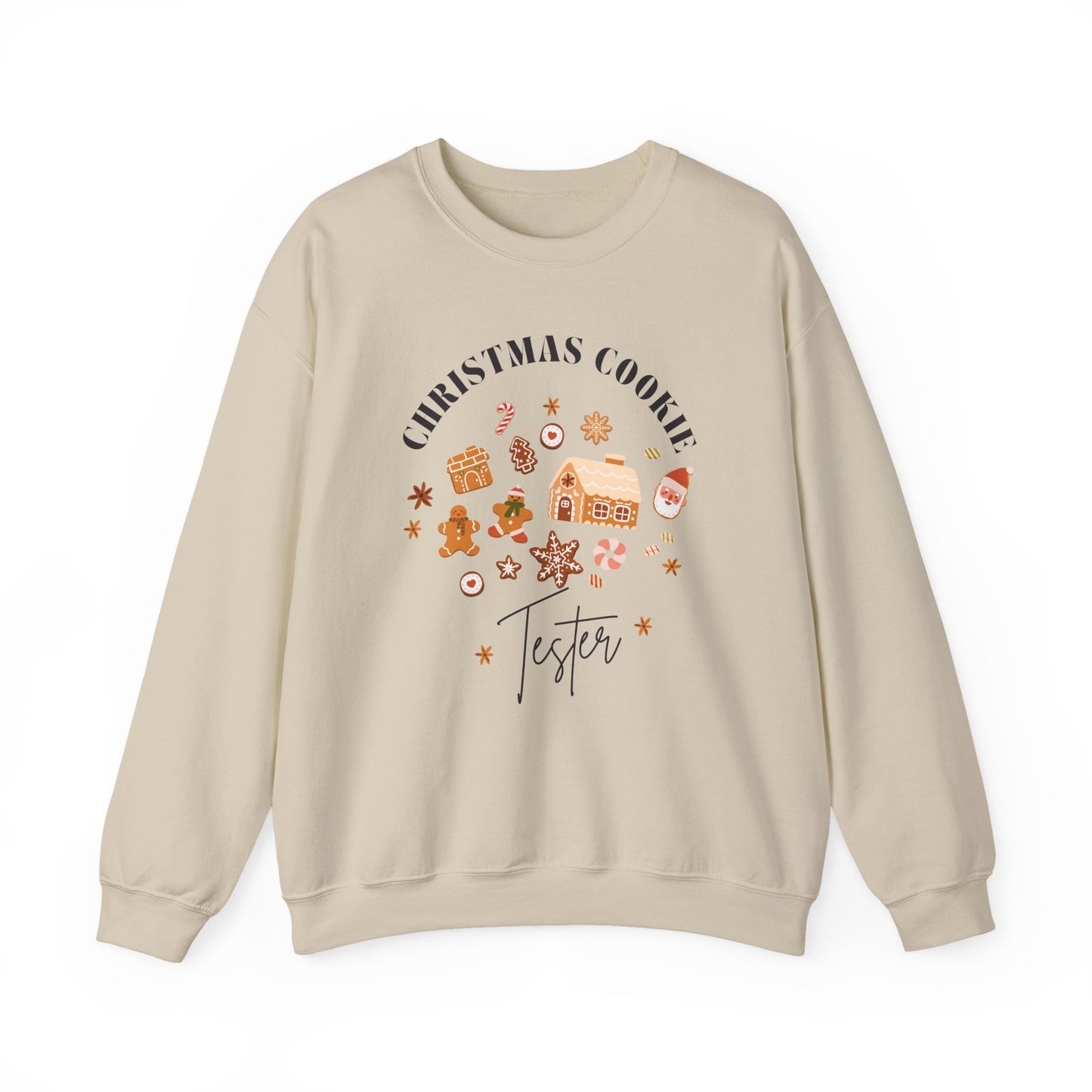 Beige sweatshirt with Christmas-themed graphics and text on a white background