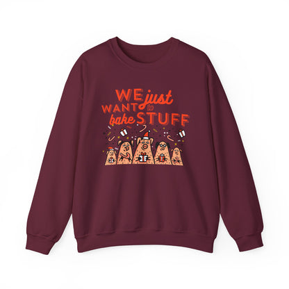 Maroon sweatshirt with red text and cartoon ghosts on a white background
