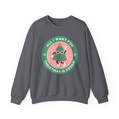 Gray sweatshirt with a Christmas-themed graphic and text on a white background