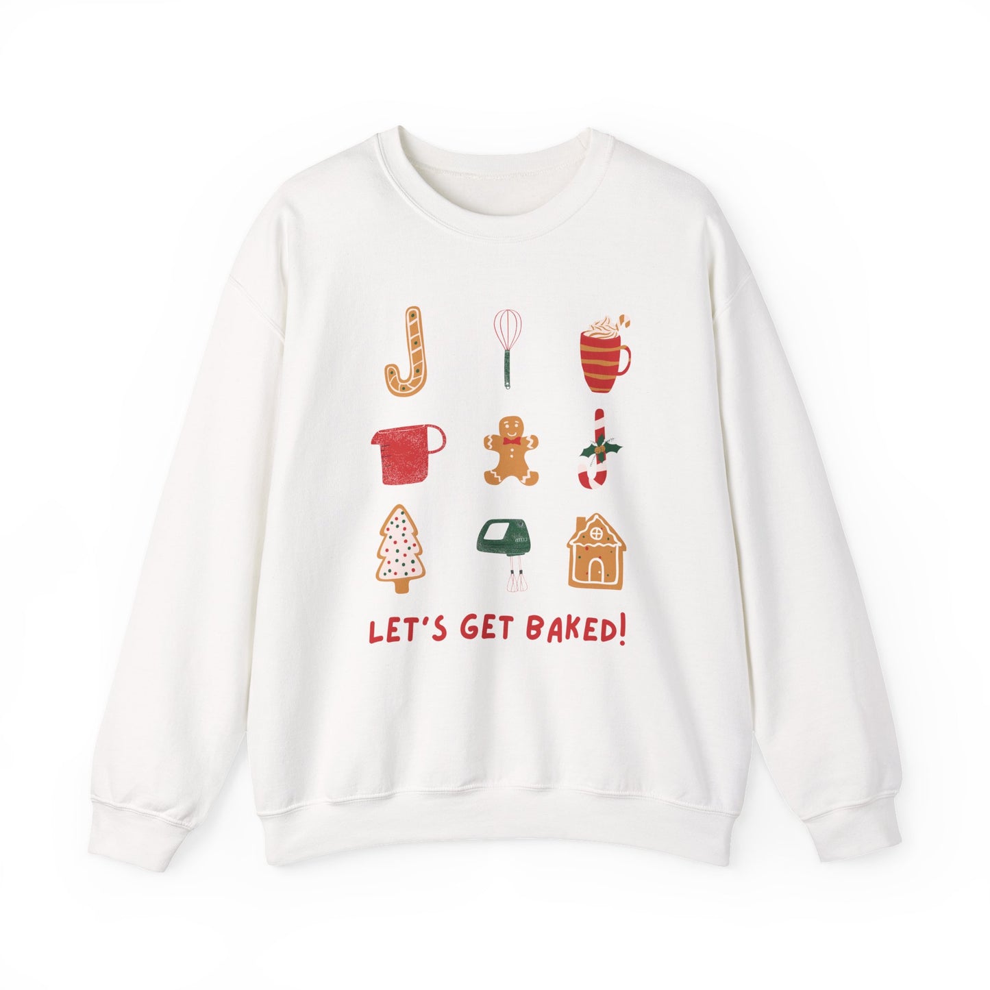 White sweatshirt with baking-themed graphics and text on a white background