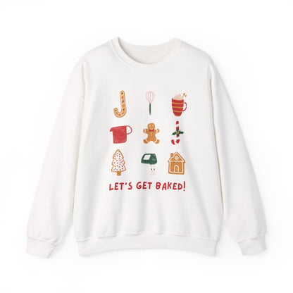 White sweatshirt with baking-themed graphics and text on a white background