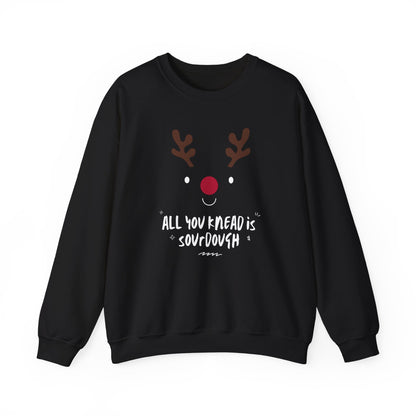 Black sweatshirt with reindeer face design and text on a white background