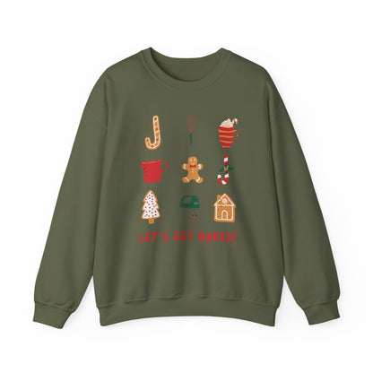 Green sweatshirt with festive graphics and text on a white background