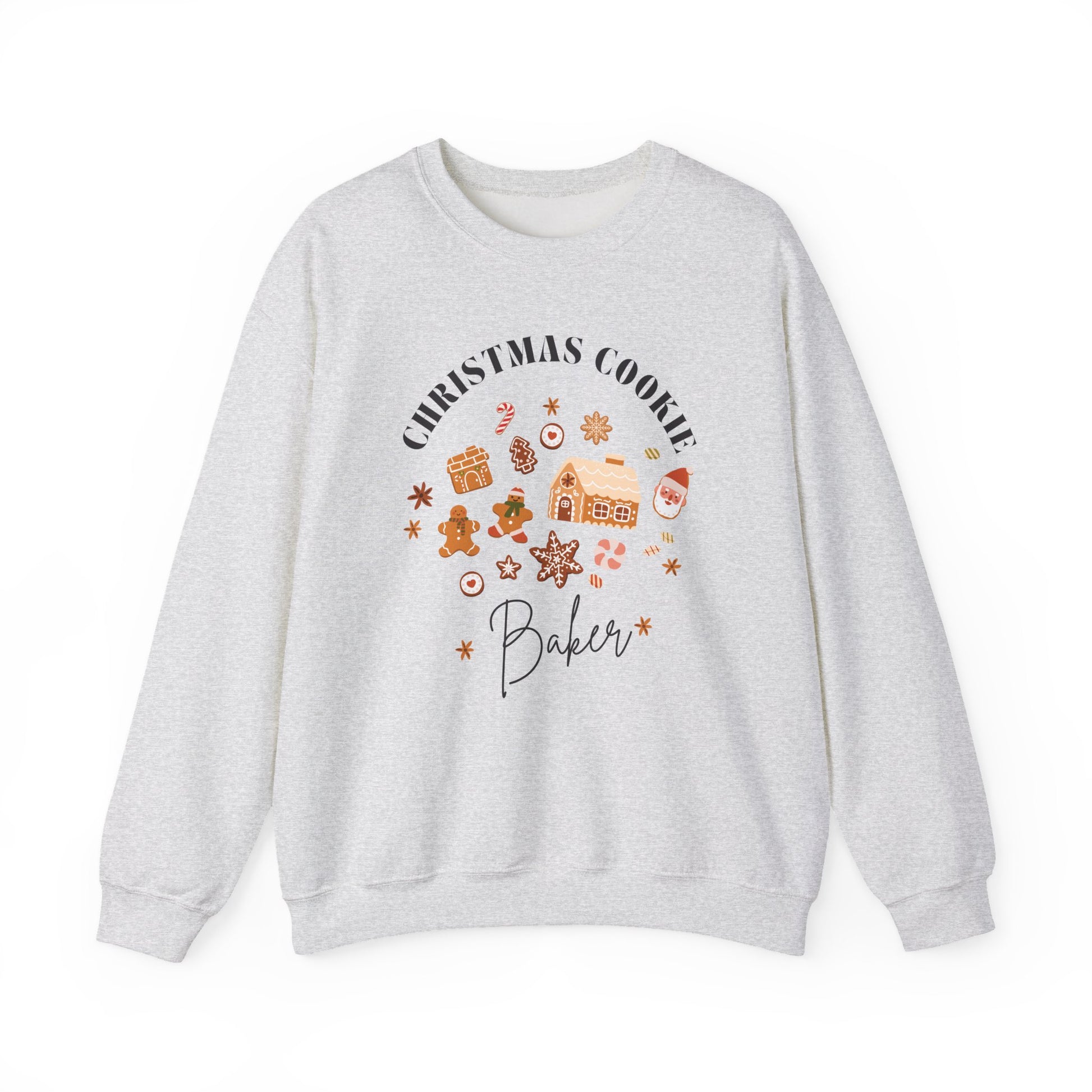 Gray sweatshirt with 'Christmas Cookie Baker' text and graphics on a white background
