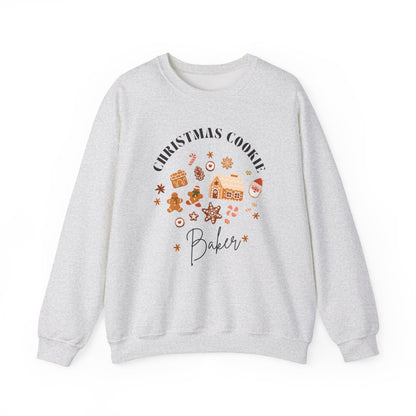 Gray sweatshirt with 'Christmas Cookie Baker' text and graphics on a white background