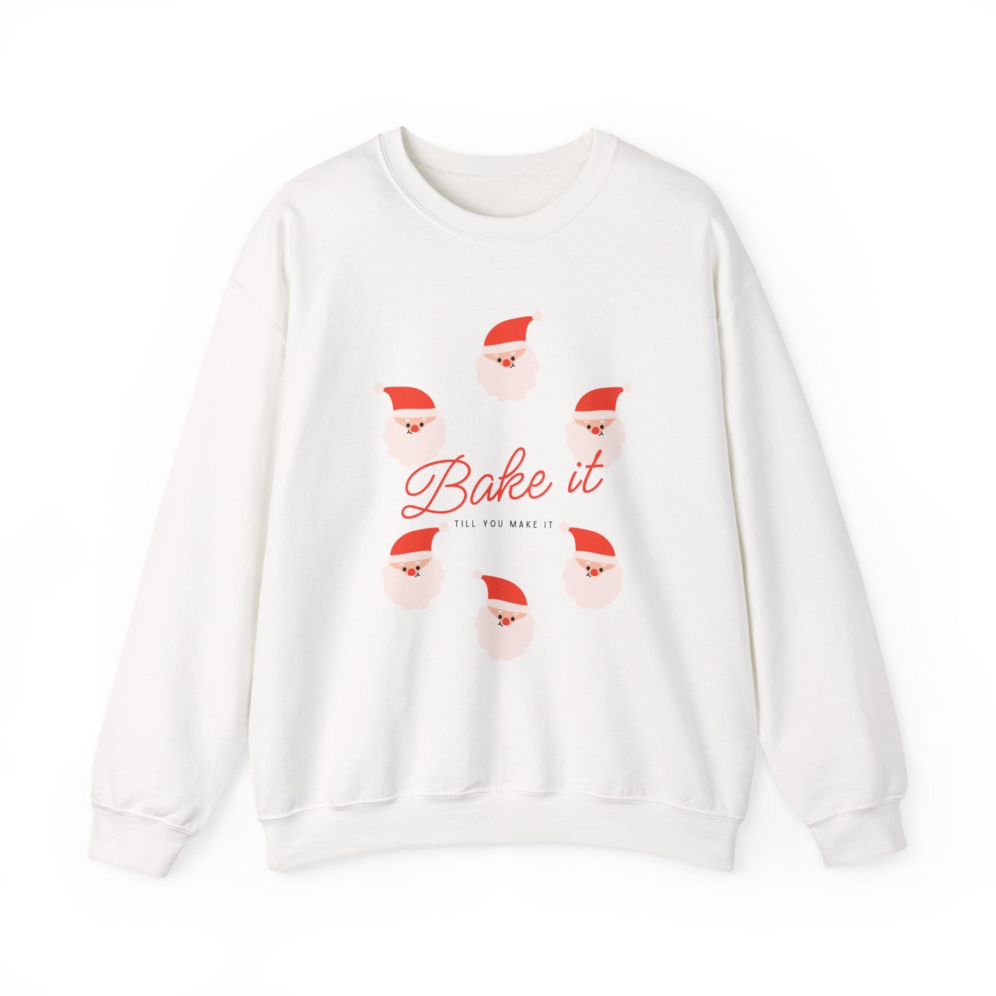 White sweatshirt with red text and Santa Claus faces on a white background