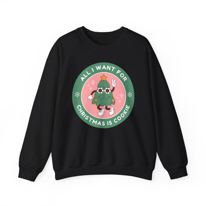 Black sweatshirt with a festive graphic design on a white background