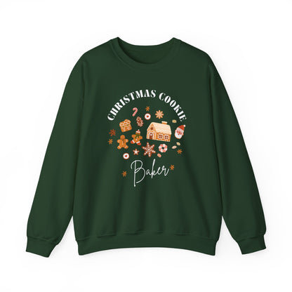 Green sweatshirt with Christmas-themed design on a white background