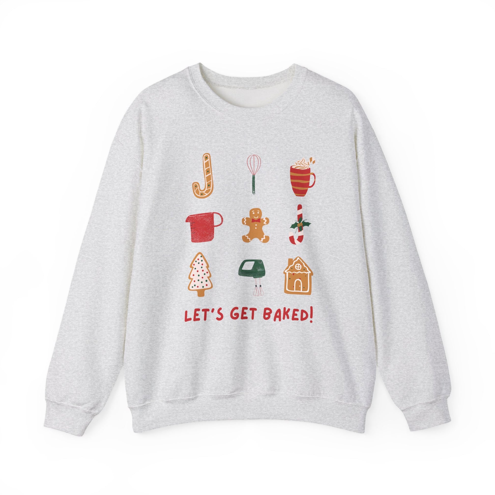 Gray sweatshirt with baking-themed graphics and text on a white background