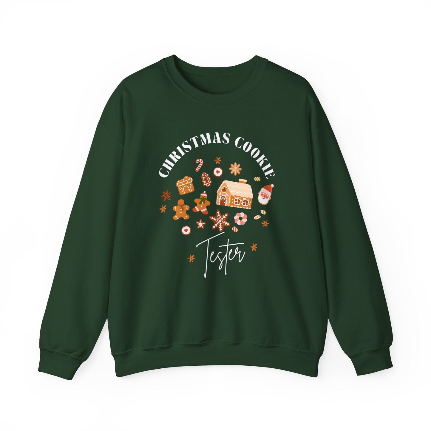 Green sweatshirt with Christmas-themed design on a white background