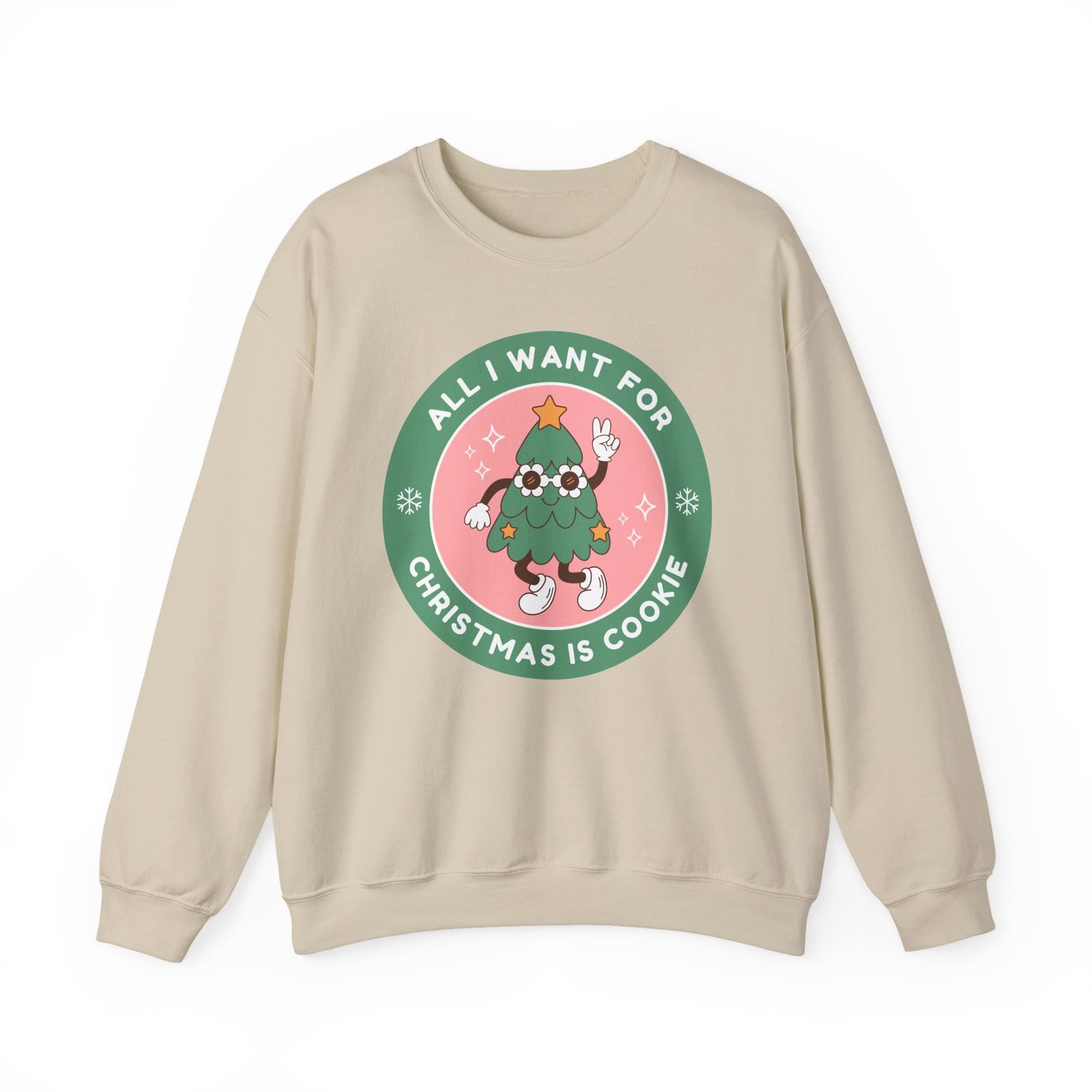 Beige sweatshirt with a graphic design featuring a character and text on a white background