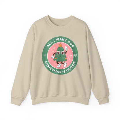 Beige sweatshirt with a graphic design featuring a character and text on a white background