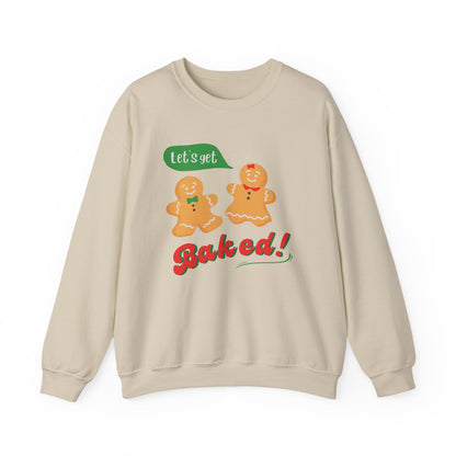 Beige sweatshirt with gingerbread men and text 'Let's get Baked!' on a white background