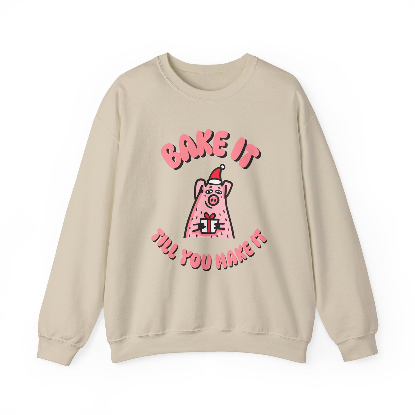 Beige sweatshirt with a cartoon pig and text on a white background