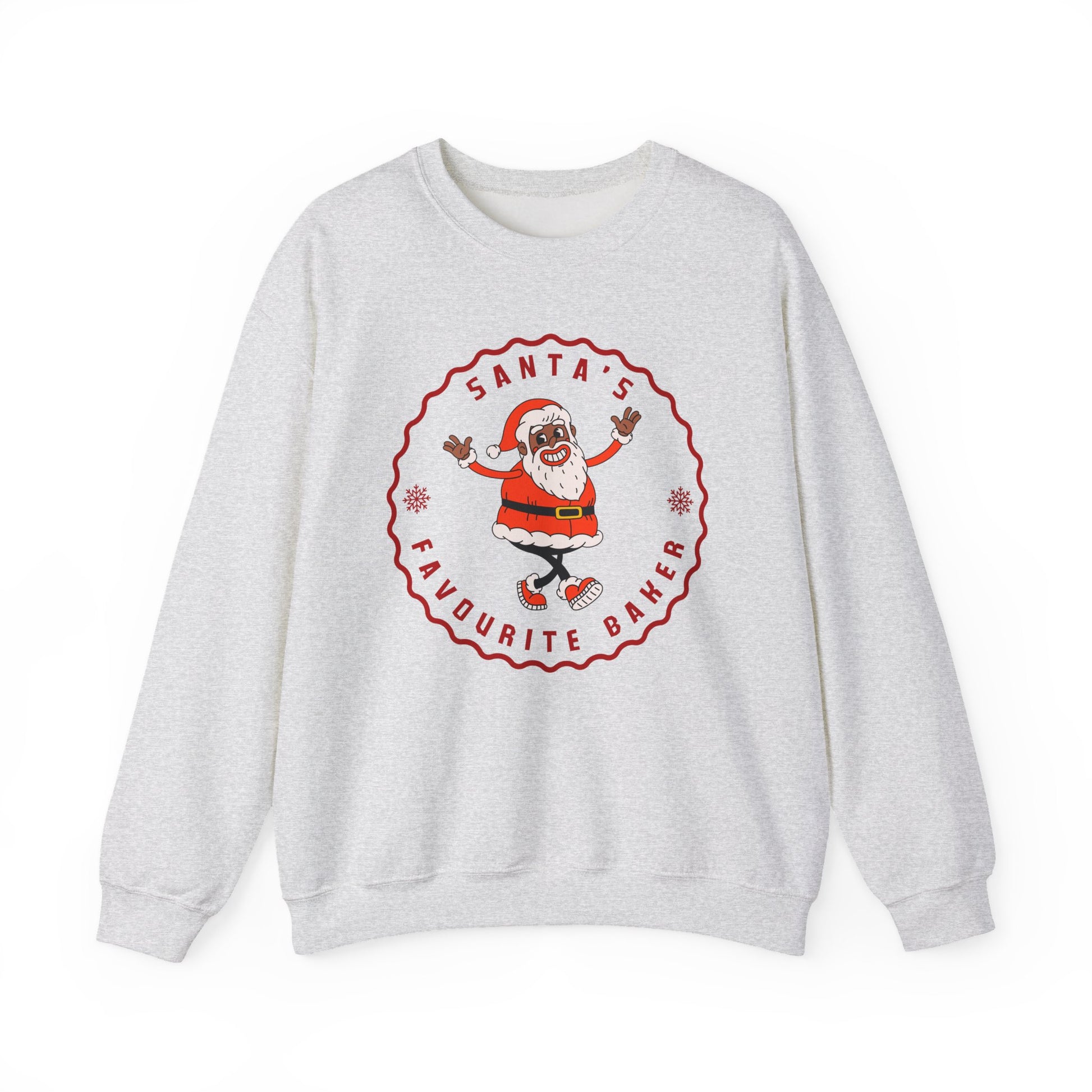 Gray sweatshirt with a Santa Claus graphic and text on a white background