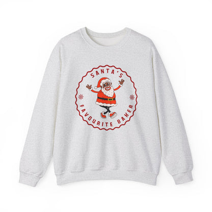 Gray sweatshirt with a Santa Claus graphic and text on a white background