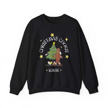 Black sweatshirt with Christmas-themed design featuring a tree and gingerbread man on a white background