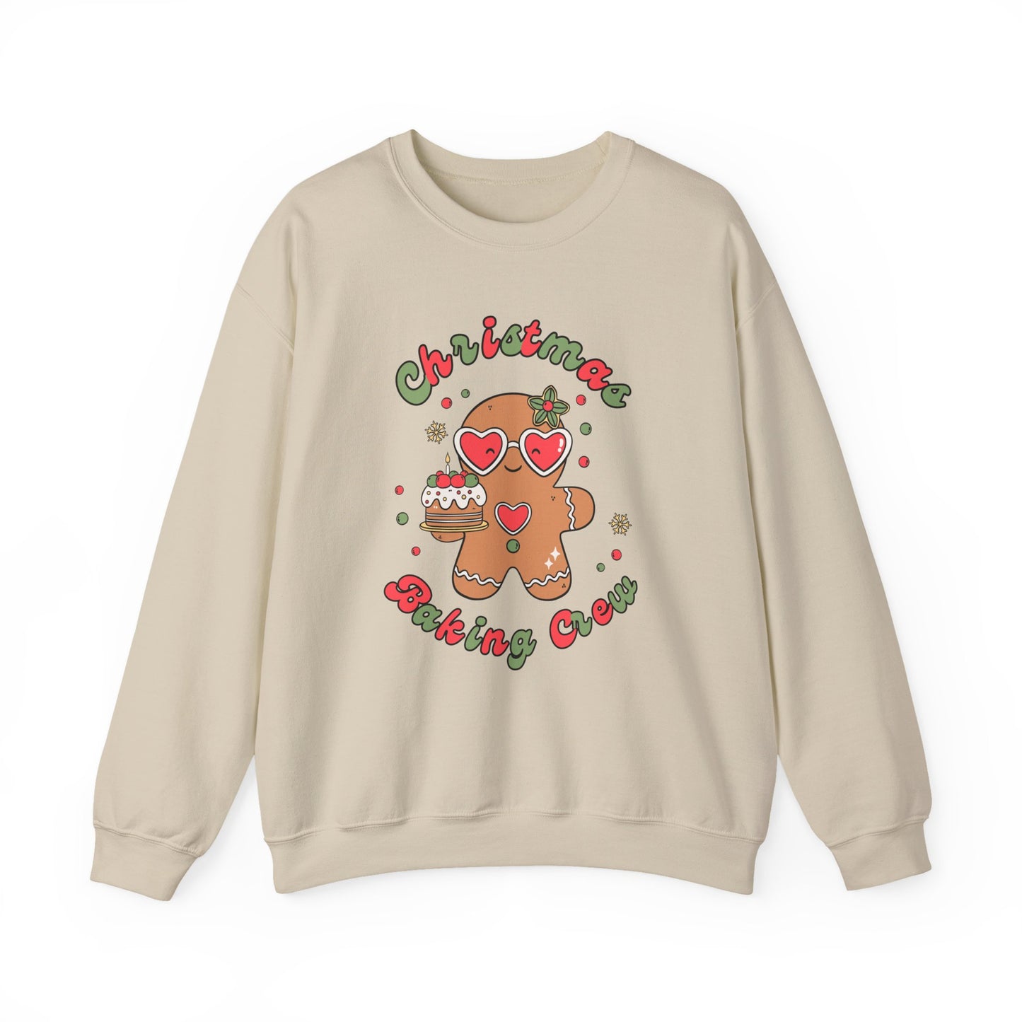 Beige sweatshirt with a gingerbread man design and 'Christmas Baking Crew' text on a white background
